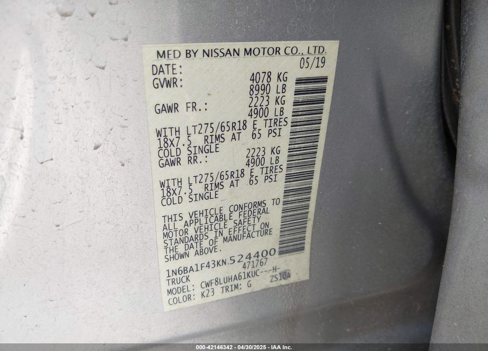 2019 NISSAN TITAN VIN: 1N6BA1F43KN524400