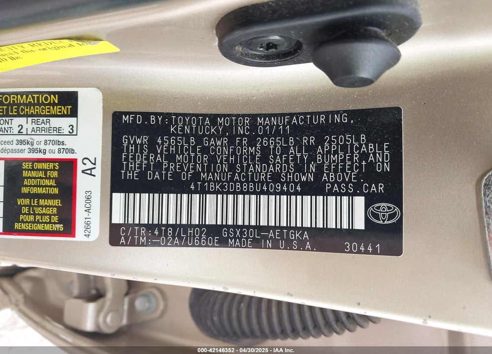2011 TOYOTA AVALON VIN: 4T1BK3DB8BU409404