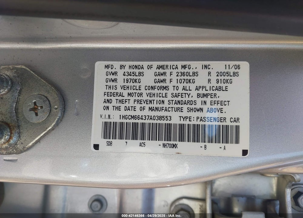 2007 HONDA ACCORD VIN: 1HGCM66437A038553