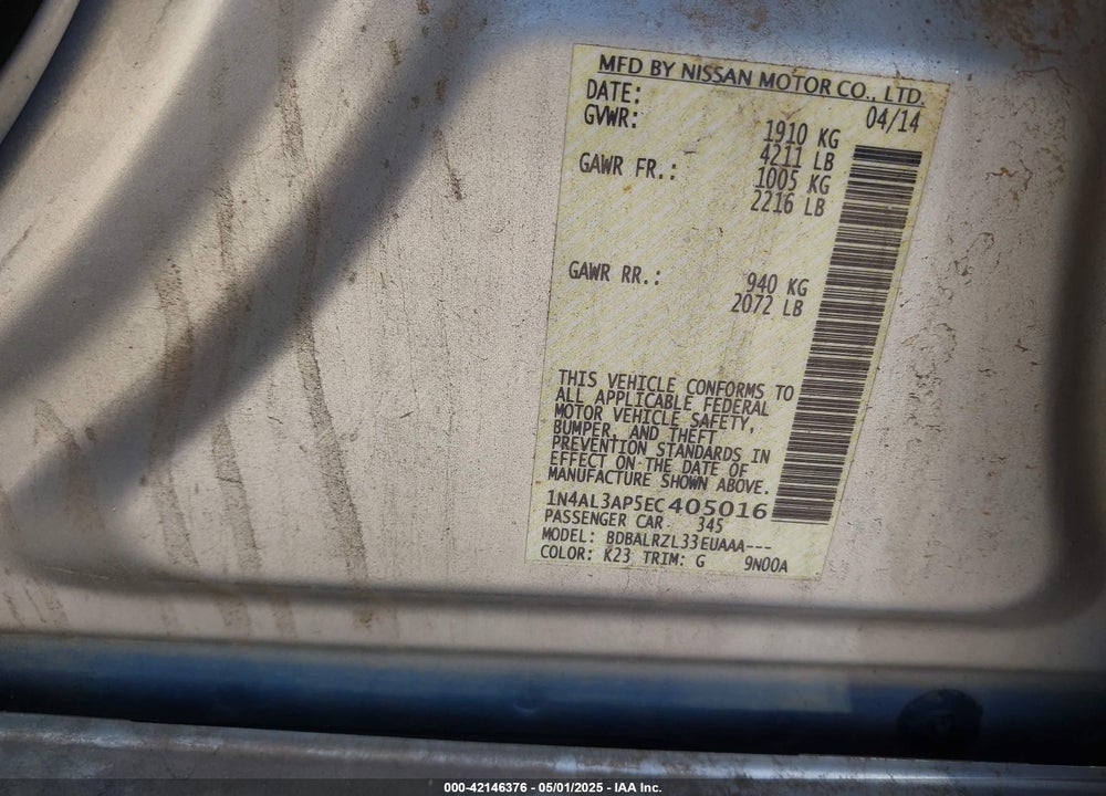 2014 NISSAN ALTIMA VIN: 1N4AL3AP5EC405016