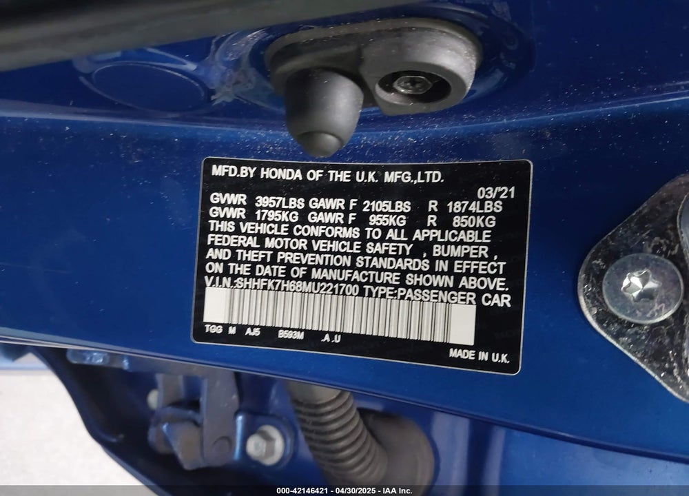 2021 HONDA CIVIC VIN: SHHFK7H68MU221700