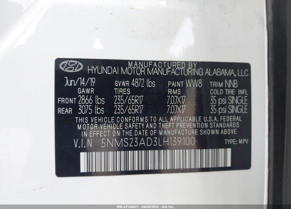 2020 HYUNDAI SANTA FE VIN: 5NMS23AD3LH139100