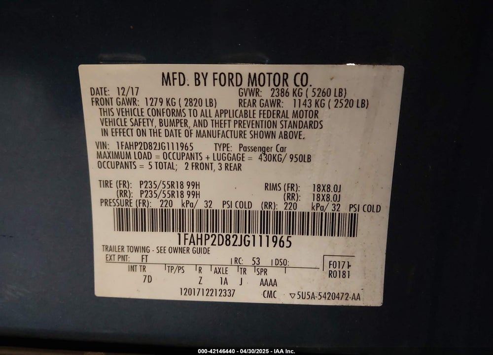 2018 FORD TAURUS VIN: 1FAHP2D82JG111965