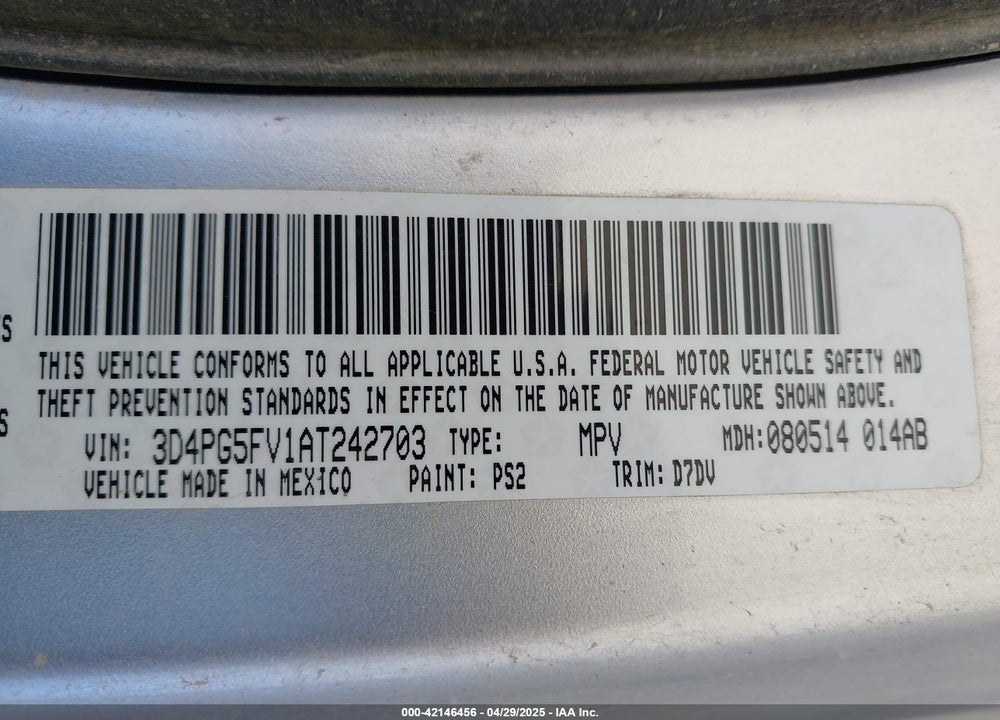 2010 DODGE JOURNEY VIN: 3D4PG5FV1AT242703
