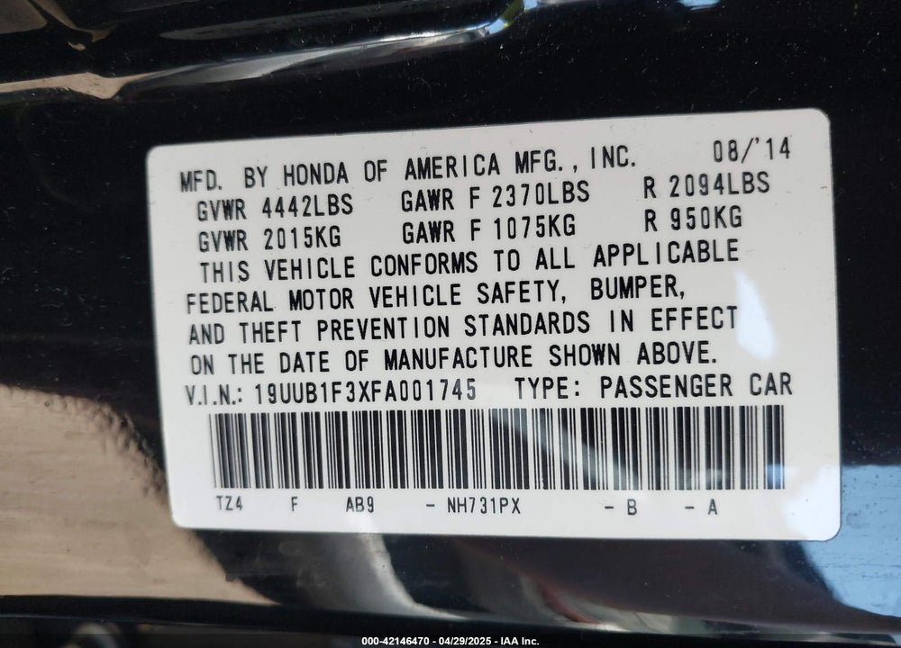 2015 ACURA TLX VIN: 19UUB1F3XFA001745