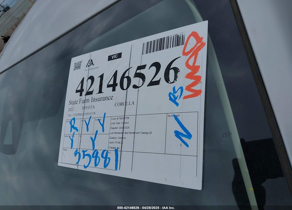 2022 TOYOTA COROLLA VIN: 5YFEPMAE5NP305378