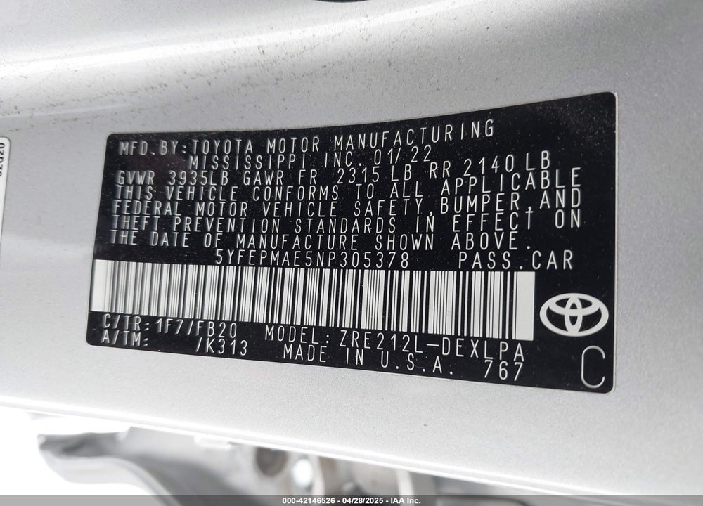 2022 TOYOTA COROLLA VIN: 5YFEPMAE5NP305378