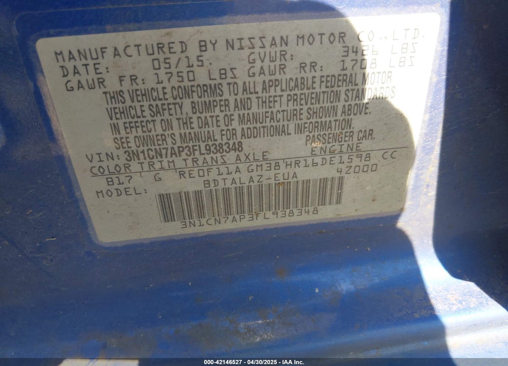2015 NISSAN VERSA VIN: 3N1CN7AP3FL938348