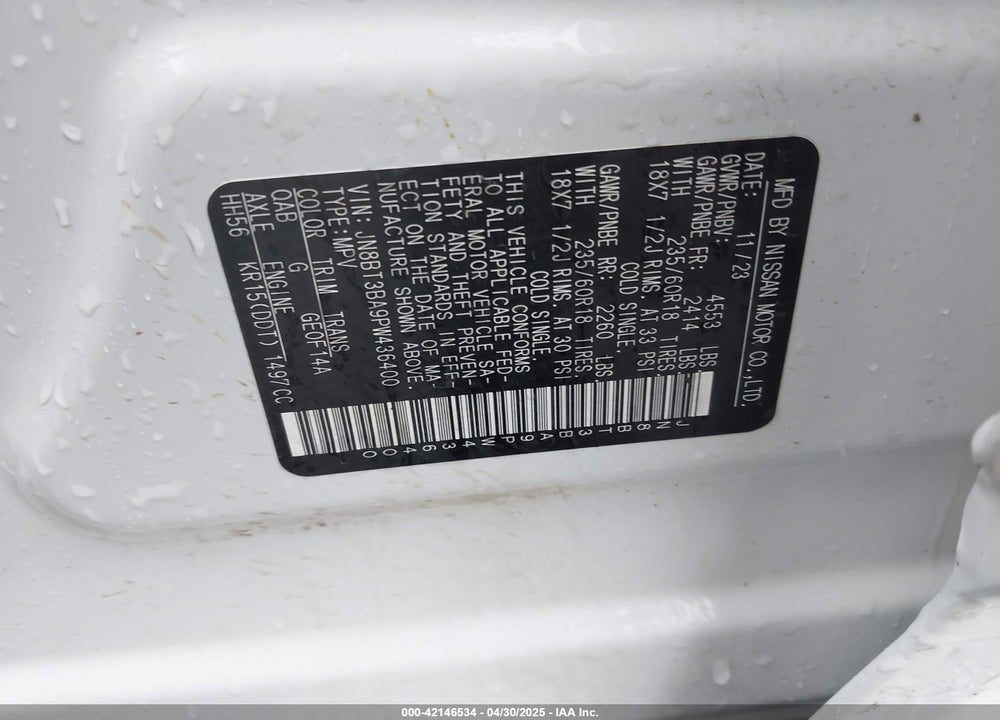 2023 NISSAN ROGUE SV FWD VIN: JN8BT3BA9PW436400