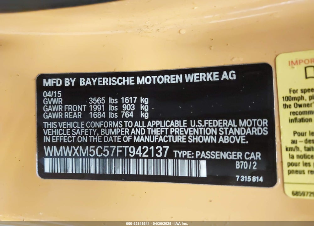 2015 MINI COOPER VIN: WMWXM5C57FT942137