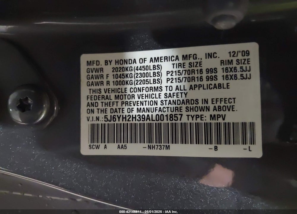 2010 HONDA ELEMENT LX VIN: 5J6YH2H39AL001857