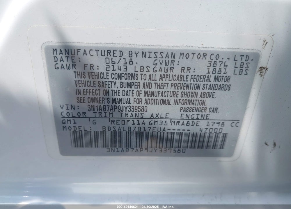 2018 NISSAN SENTRA VIN: 3N1AB7AP9JY339580
