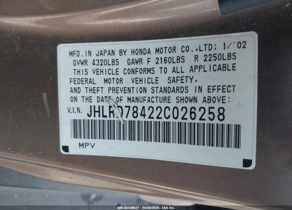 2002 HONDA CR-V LX VIN: JHLRD78422C026258