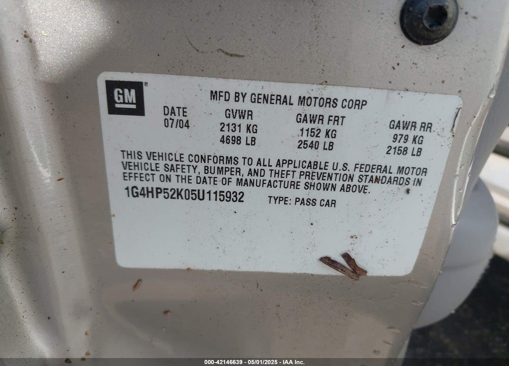 2005 BUICK LESABRE CUSTOM VIN: 1G4HP52K05U115932