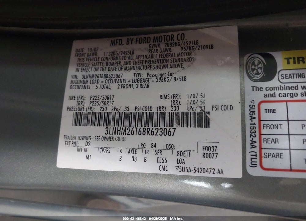 2008 LINCOLN MKZ VIN: 3LNHM26T68R623067