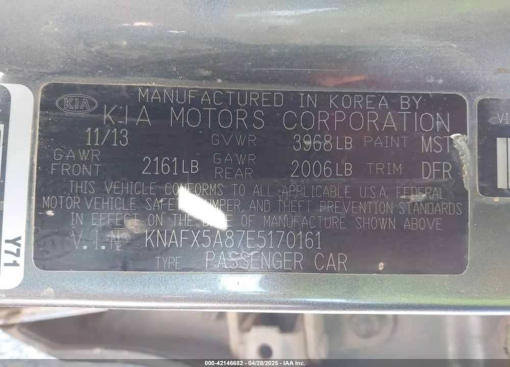 2014 KIA FORTE VIN: KNAFX5A87E5170161