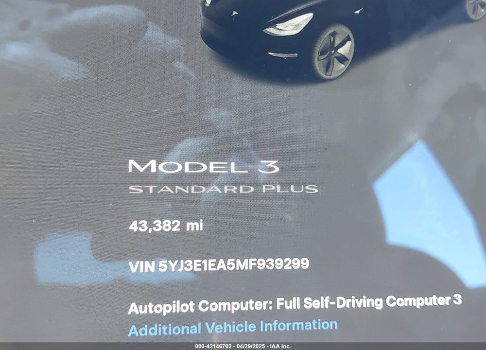 2021 TESLA MODEL 3 STANDARD RANGE PLUS REAR-WHEEL DRIVE VIN: 5YJ3E1EA5MF939299