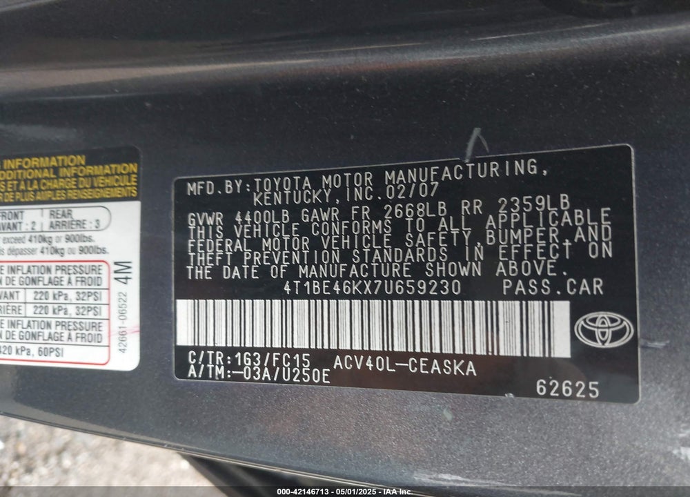 2007 TOYOTA CAMRY SE VIN: 4T1BE46KX7U659230