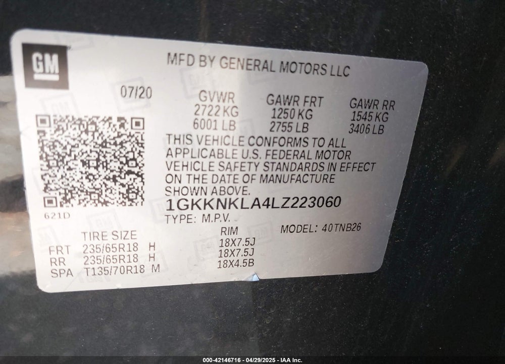 2020 GMC ACADIA VIN: 1GKKNKLA4LZ223060