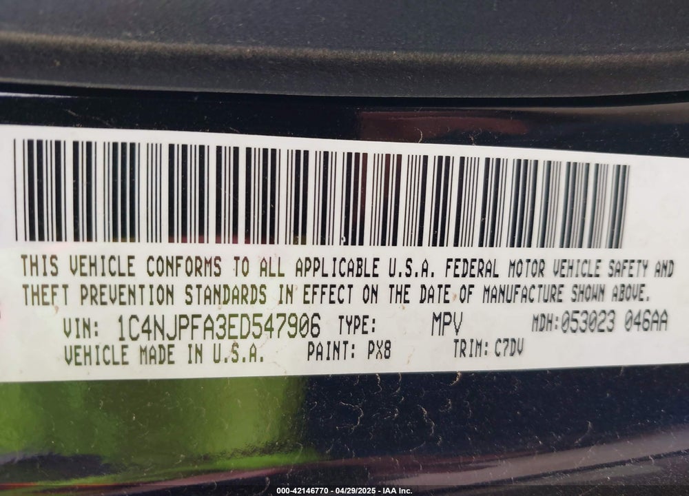 2014 JEEP PATRIOT LATITUDE VIN: 1C4NJPFA3ED547906