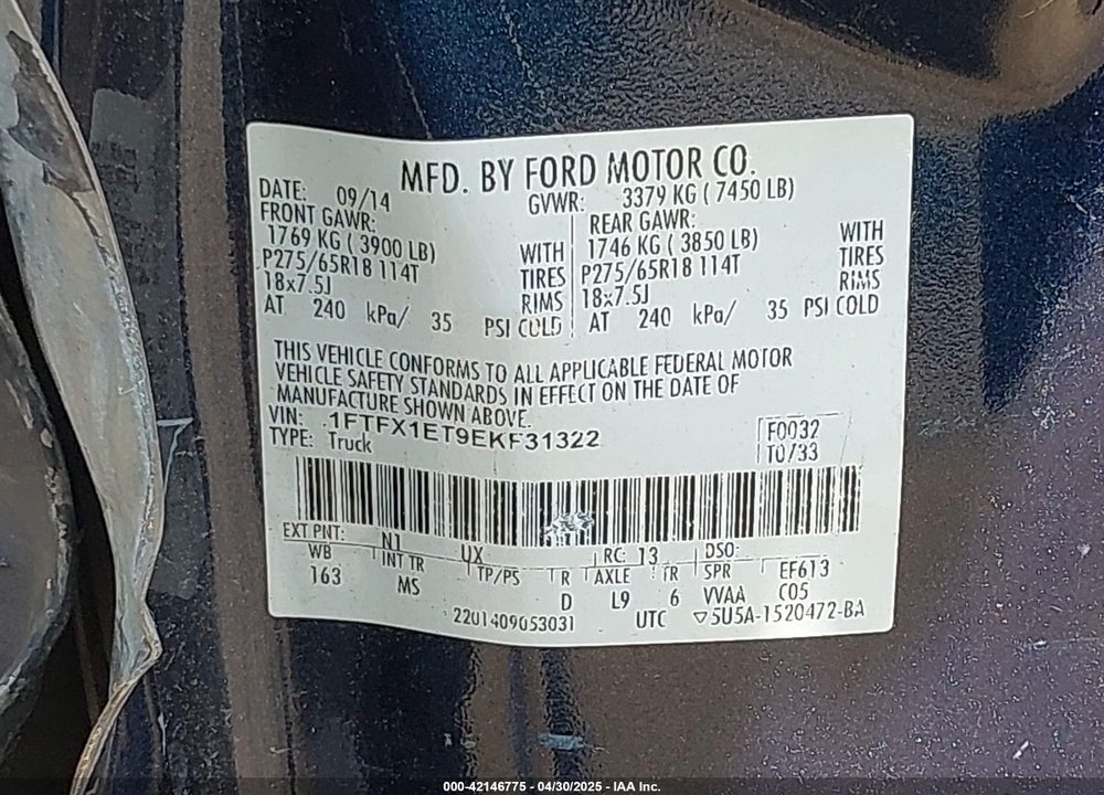 2014 FORD F150 VIN: 1FTFX1ET9EKF31322