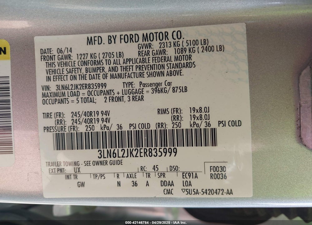 2014 LINCOLN MKZ VIN: 3LN6L2JK2ER835999