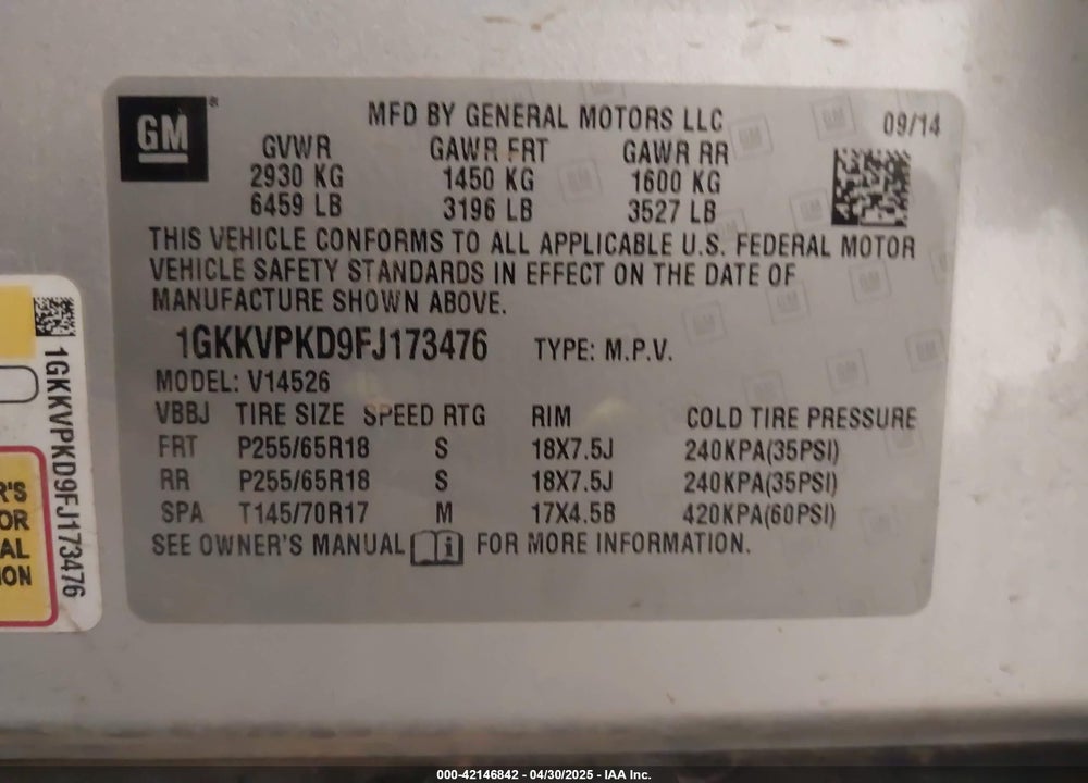 2015 GMC ACADIA SLE-2 VIN: 1GKKVPKD9FJ173476