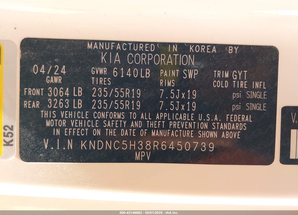2024 KIA CARNIVAL MPV VIN: KNDNC5H38R6450739