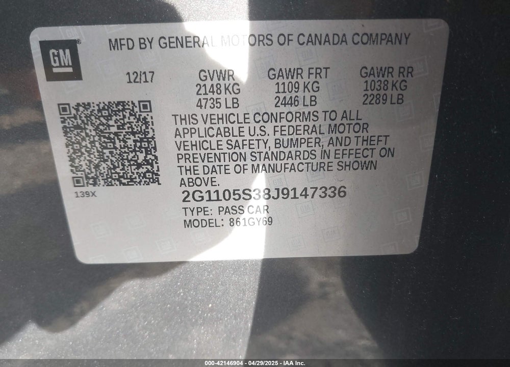 2018 CHEVROLET IMPALA VIN: 2G1105S38J9147336