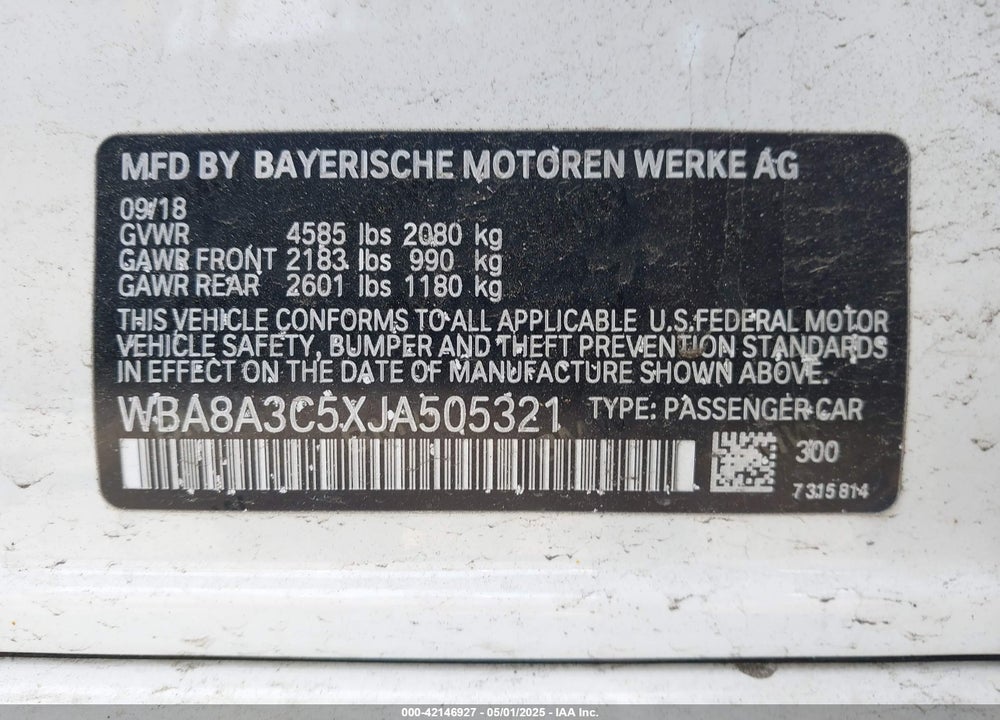 2018 BMW 320 VIN: WBA8A3C5XJA505321