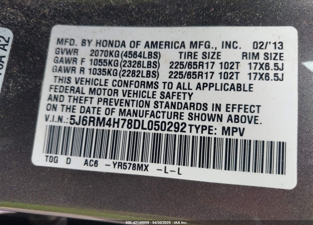2013 HONDA CR-V VIN: 5J6RM4H78DL050292