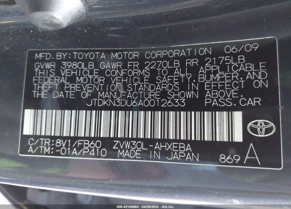 2010 TOYOTA PRIUS VIN: JTDKN3DU6A0012633