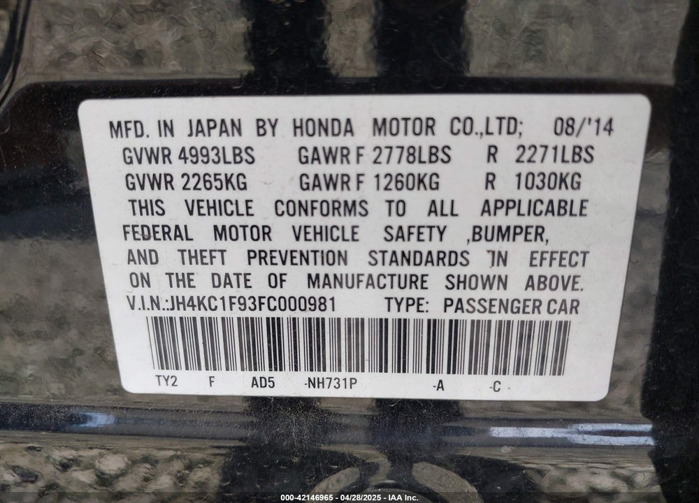 2015 ACURA RLX VIN: JH4KC1F93FC000981