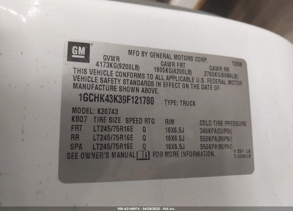 2009 CHEVROLET SILVERADO VIN: 1GCHK43K39F121780