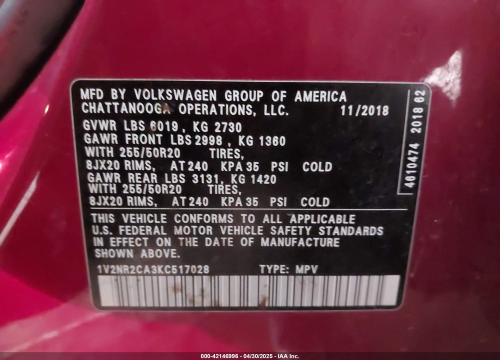 2019 VOLKSWAGEN ATLAS VIN: 1V2NR2CA3KC517028