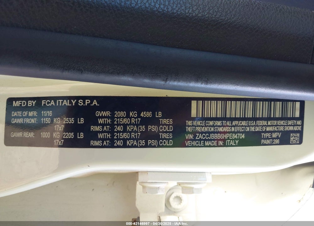 2017 JEEP RENEGADE LATITUDE 4X4 VIN: ZACCJBBB6HPE84704