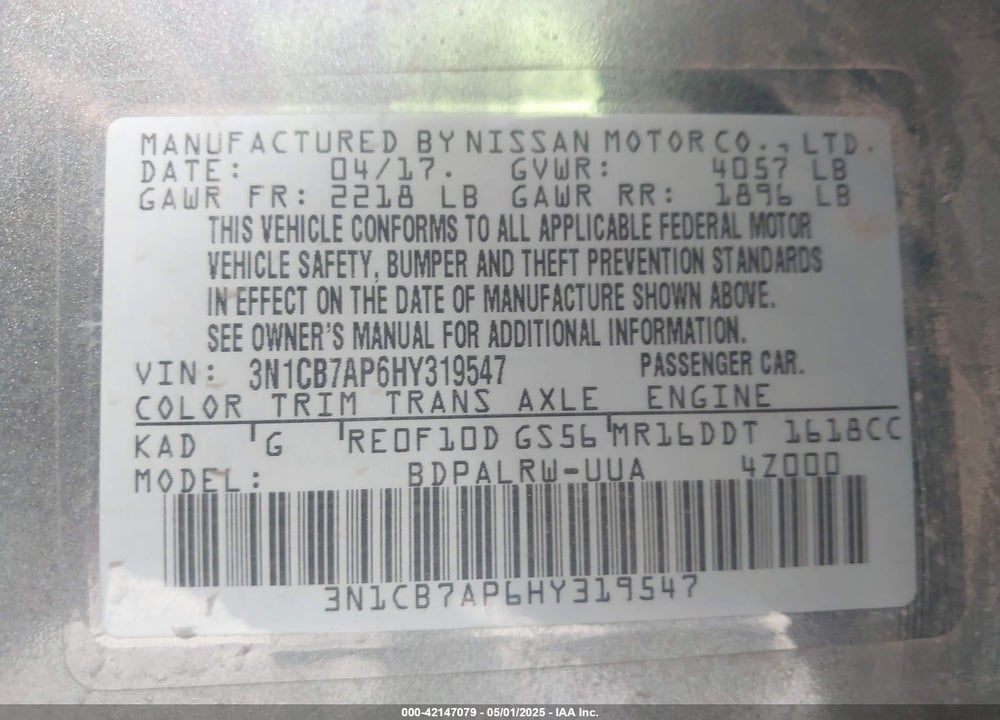 2017 NISSAN SENTRA VIN: 3N1CB7AP6HY319547