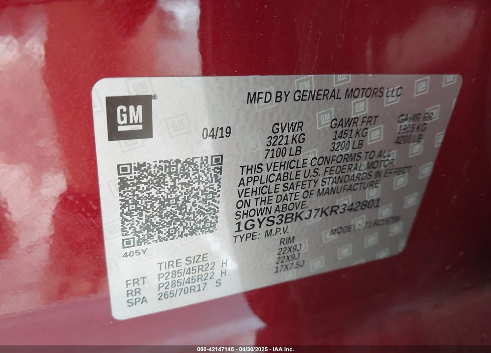 2019 CADILLAC ESCALADE VIN: 1GYS3BKJ7KR342801