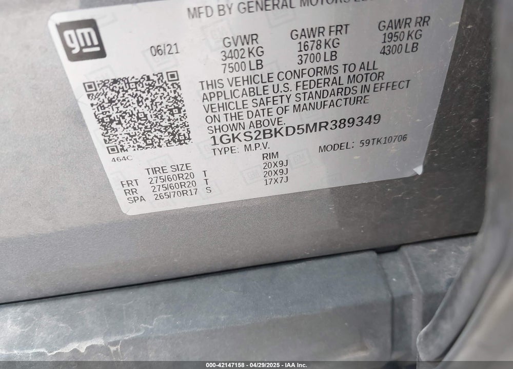 2021 GMC YUKON VIN: 1GKS2BKD5MR389349