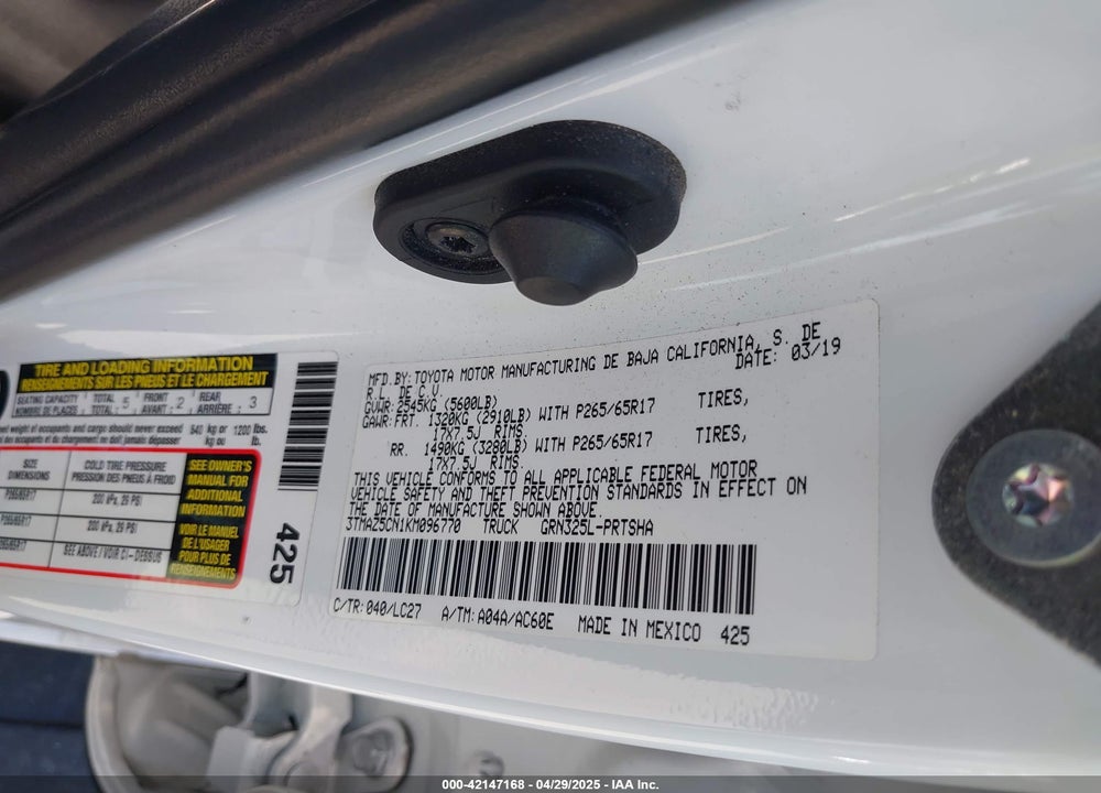 2019 TOYOTA TACOMA VIN: 3TMAZ5CN1KM096770