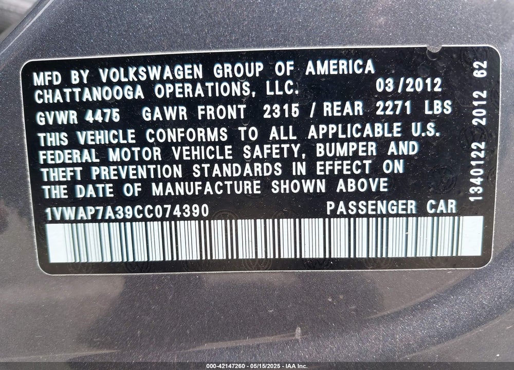 2012 VOLKSWAGEN PASSAT 2.5L S VIN: 1VWAP7A39CC074390