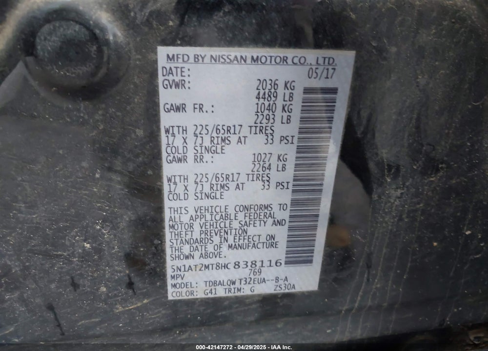 2017 NISSAN ROGUE SV VIN: 5N1AT2MT8HC838116