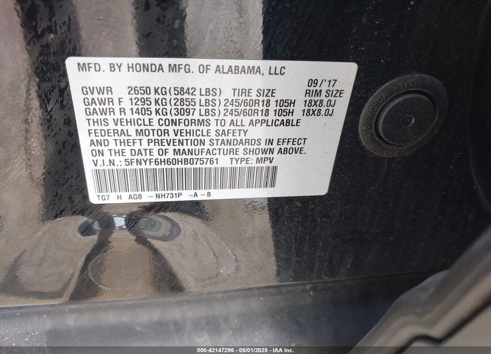 2017 HONDA PILOT VIN: 5FNYF6H60HB075761