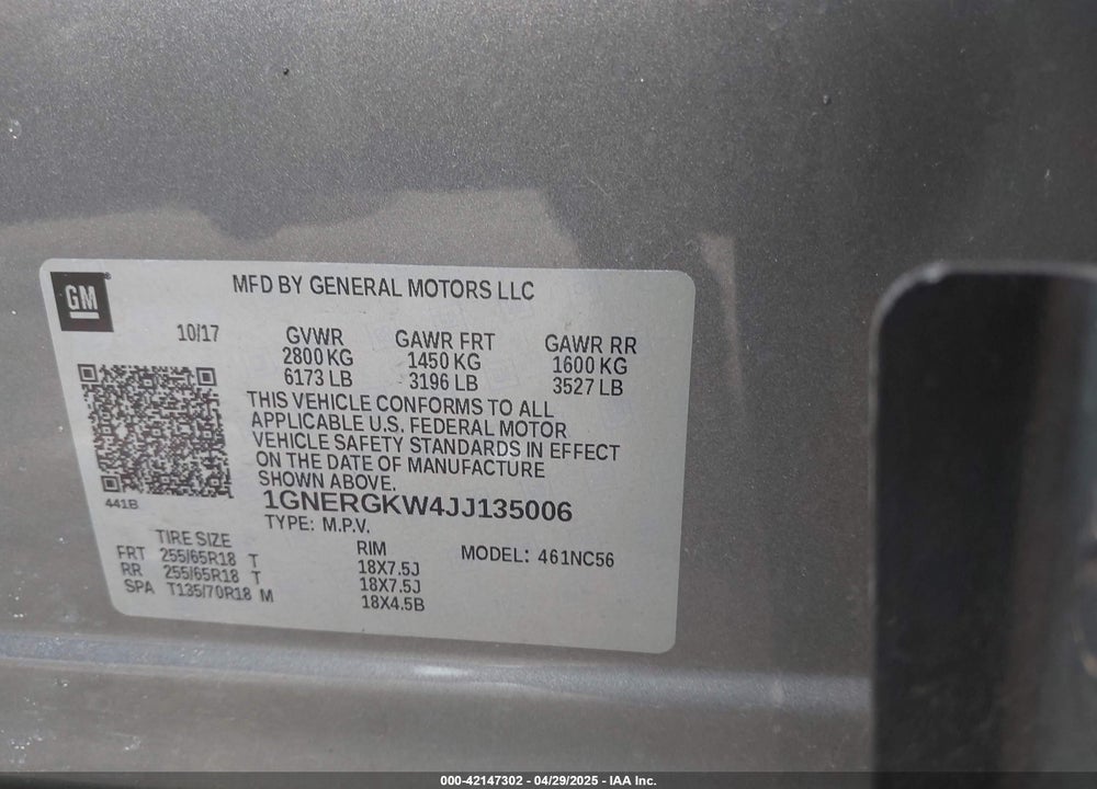 2018 CHEVROLET TRAVERSE VIN: 1GNERGKW4JJ135006