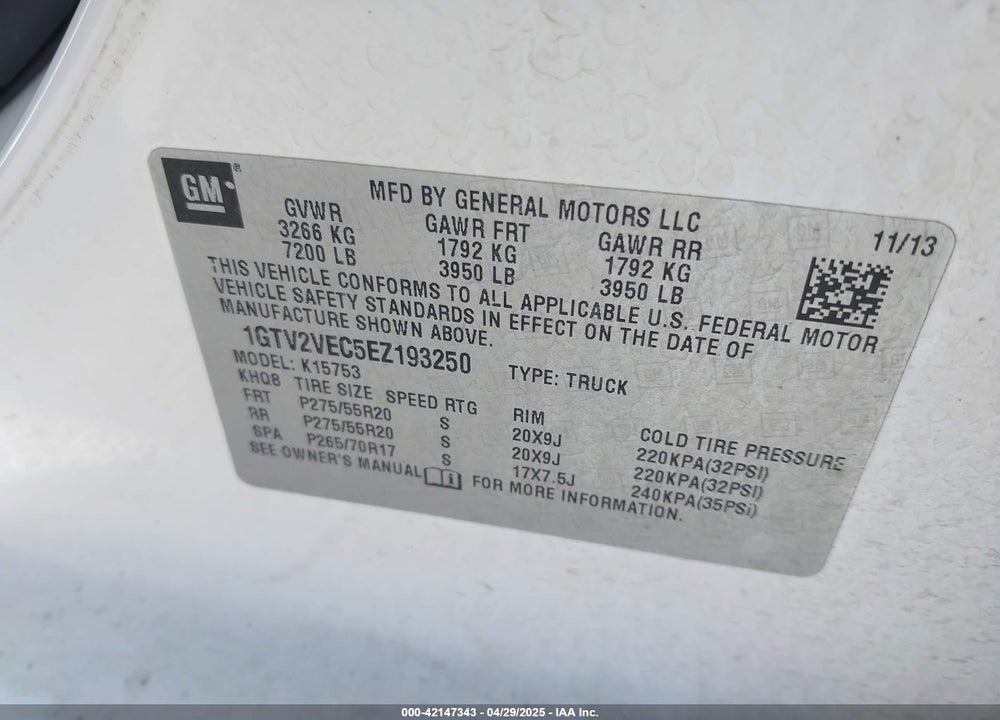 2014 GMC SIERRA 1500 SLT VIN: 1GTV2VEC5EZ193250