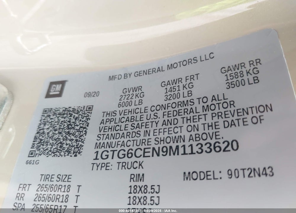 2021 GMC CANYON VIN: 1GTG6CEN9M1133620