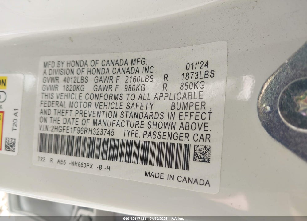 2024 HONDA CIVIC VIN: 2HGFE1F96RH323745