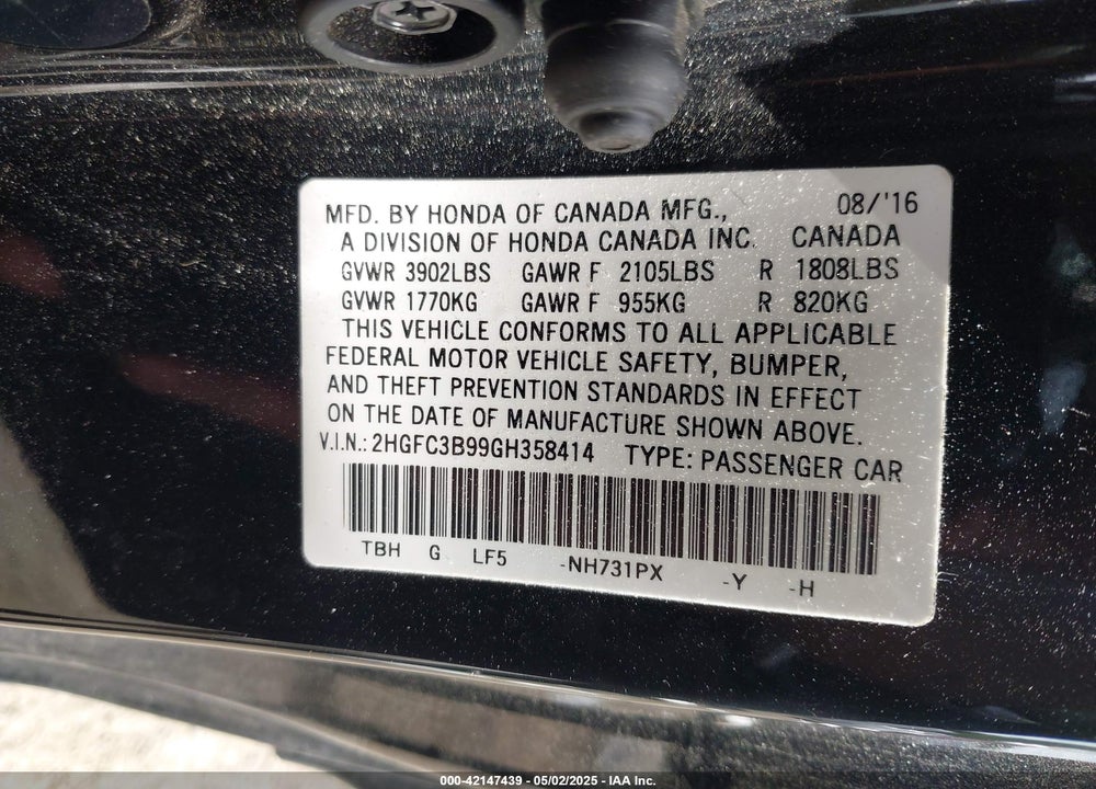 2016 HONDA CIVIC TOURING VIN: 2HGFC3B99GH358414
