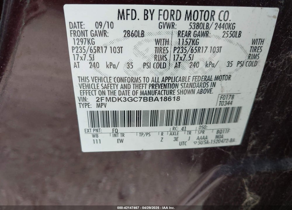 2011 FORD EDGE SE VIN: 2FMDK3GC7BBA18618