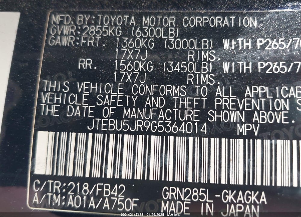 2016 TOYOTA 4RUNNER VIN: JTEBU5JR9G5364014